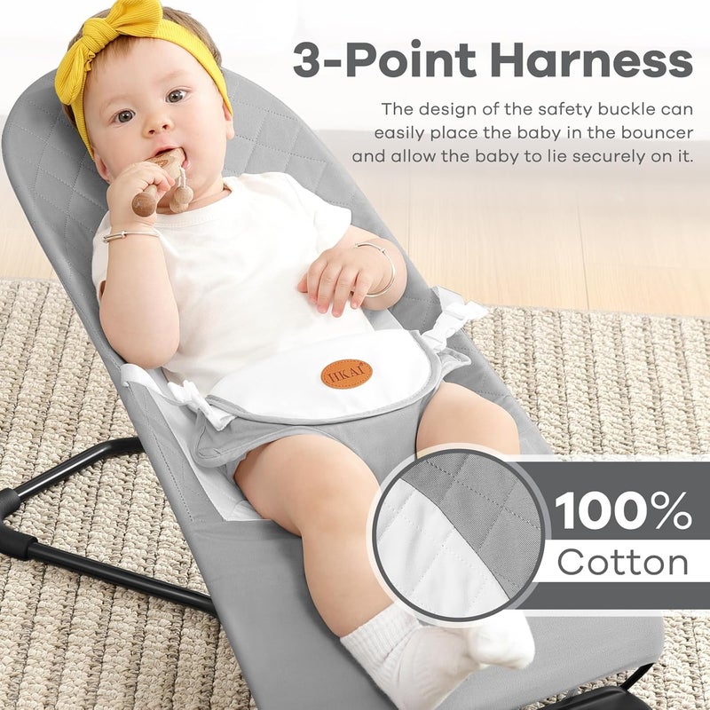 HKAI Baby Bouncer, Portable Baby Bouncer Seat for Babies 0-18 Months, 100% Cotton Fabrics, 3 Modes of use with Rocker and Stationary Options, Infant Rocker Chair with Hanging Toys-Light Grey - Image 4